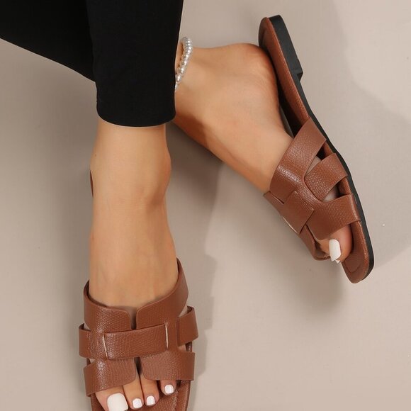 Brown Elegant Women's Snakeskin Embossed Cut Out Slide Sandals - Picture 3 of 7
